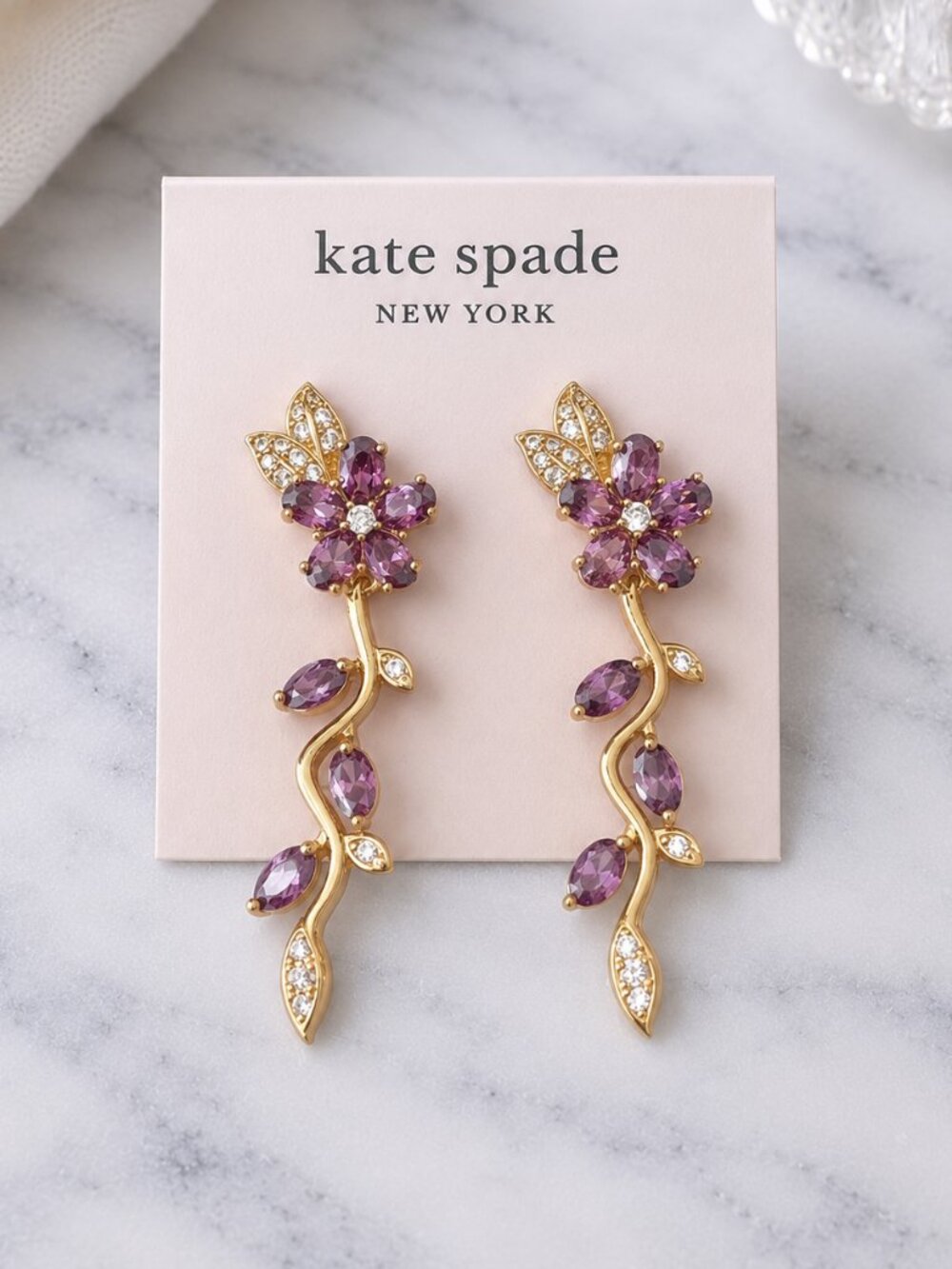 Kate Spade 18K Gold Purple Crystal Flower Drop Statement Earrings
